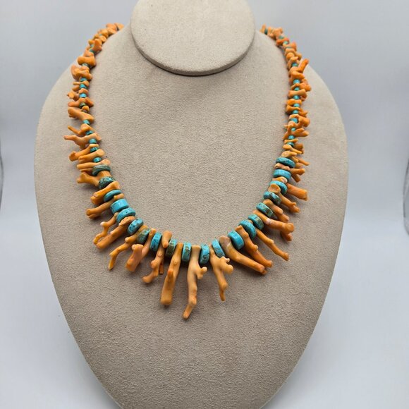 Natural Rare Orange Branch Coral with Persian Turquoise Necklace - Picture 3 of 5